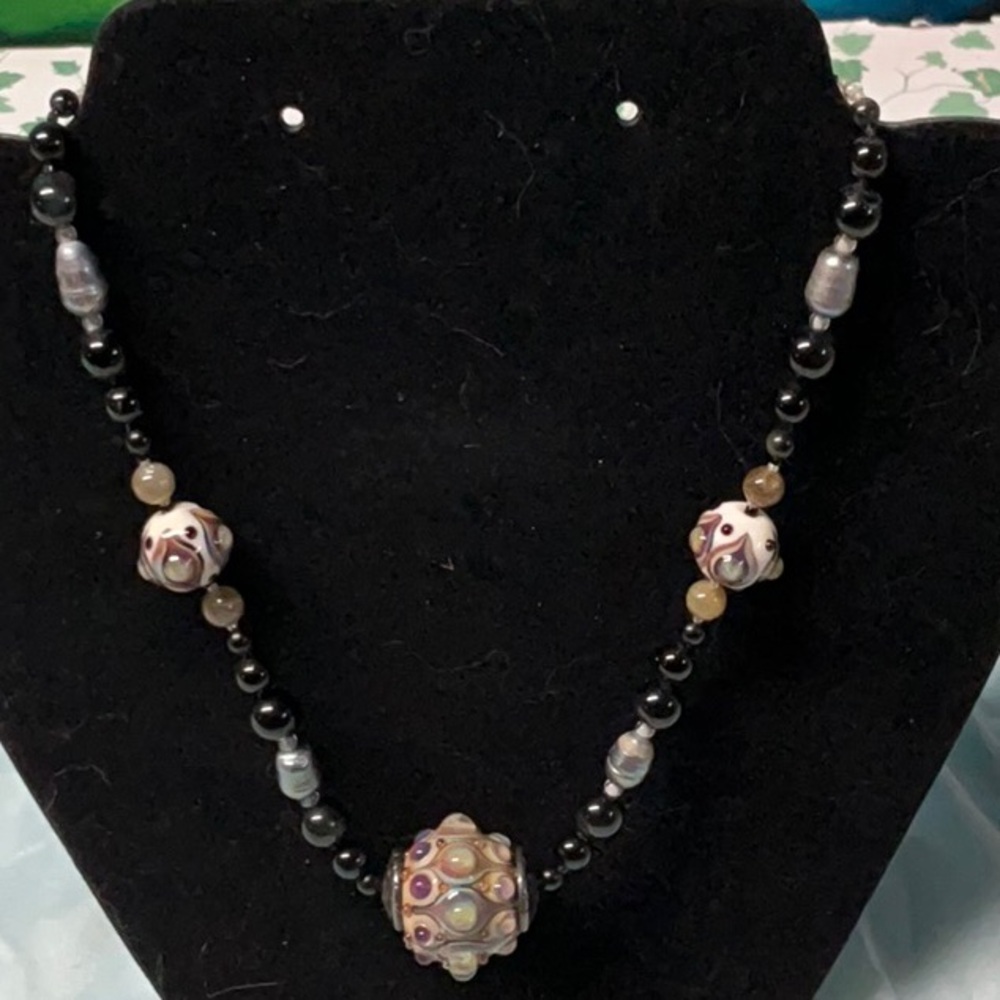 Lampwork beads and focal lampwork w/rainbow obsidian 16 1/2” necklace